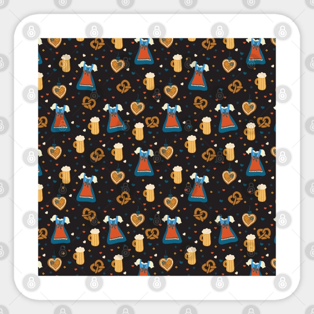 Ready for Oktoberfest Dirndl dresses, beer, and pretzels on black Sticker by Sandra Hutter Designs